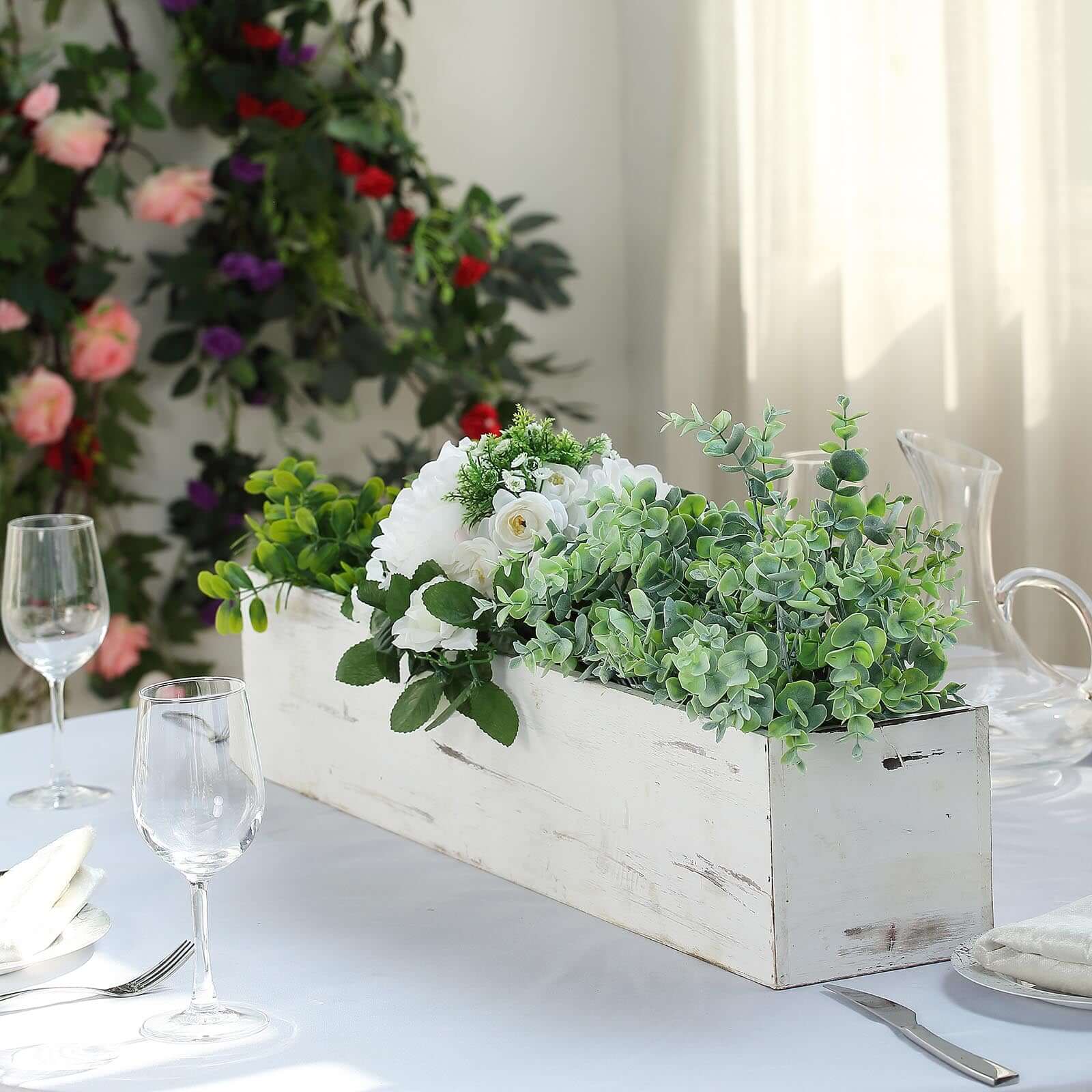 White Wood Planter Rectangular Box 30"x6" - Durable Decor with Removable Plastic Liner for Tables - Linen Luxes