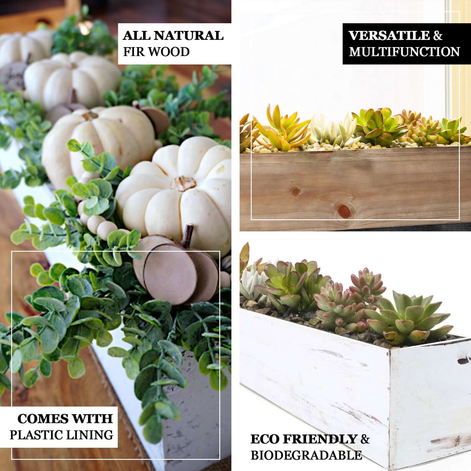 White Wood Planter Rectangular Box 30"x6" - Durable Decor with Removable Plastic Liner for Tables - Linen Luxes