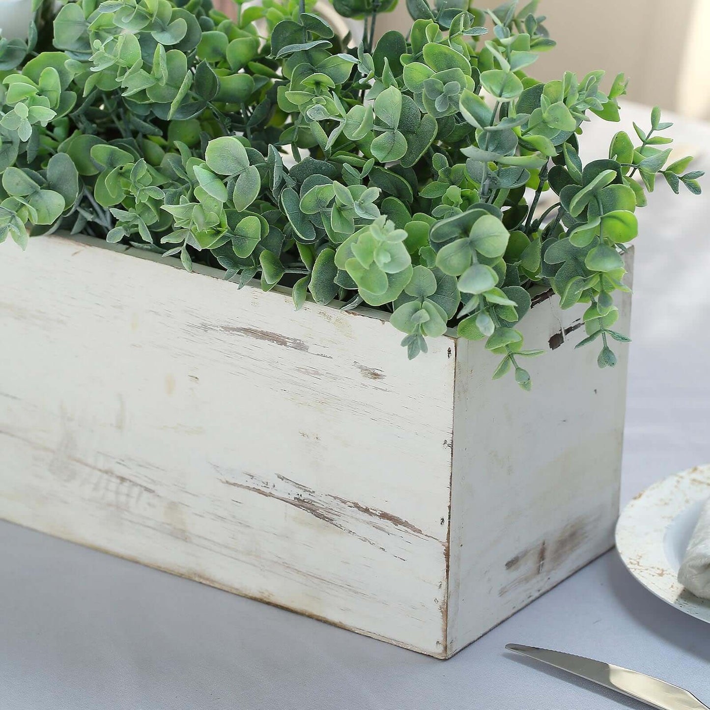 White Wood Planter Rectangular Box 30"x6" - Durable Decor with Removable Plastic Liner for Tables - Linen Luxes