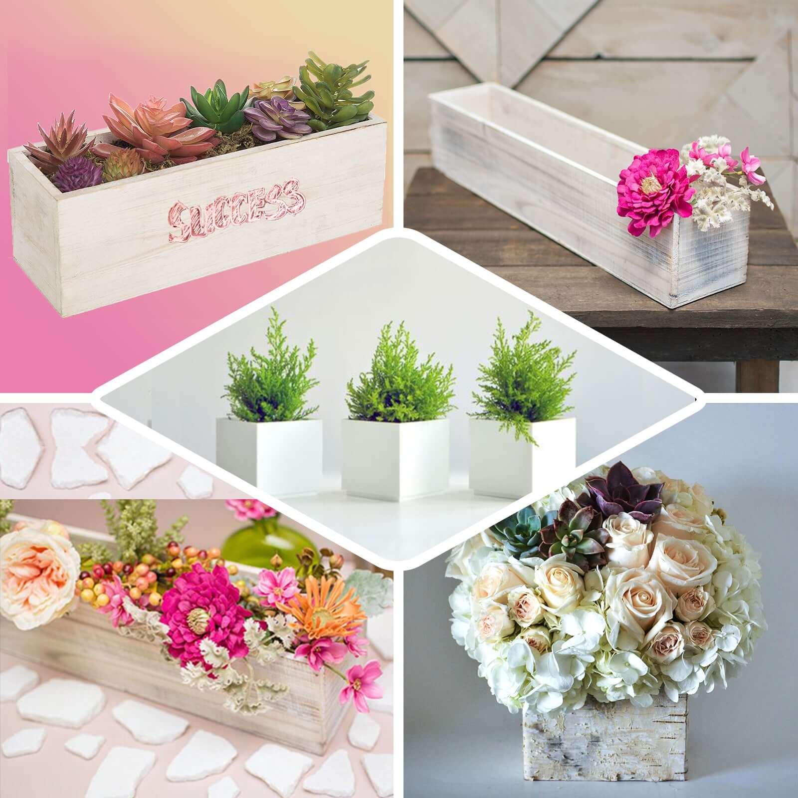 Whitewash Wood Planter Rectangular Box 18"x6" - Durable Decor with Removable Plastic Liner for Table Displays - Linen Luxes