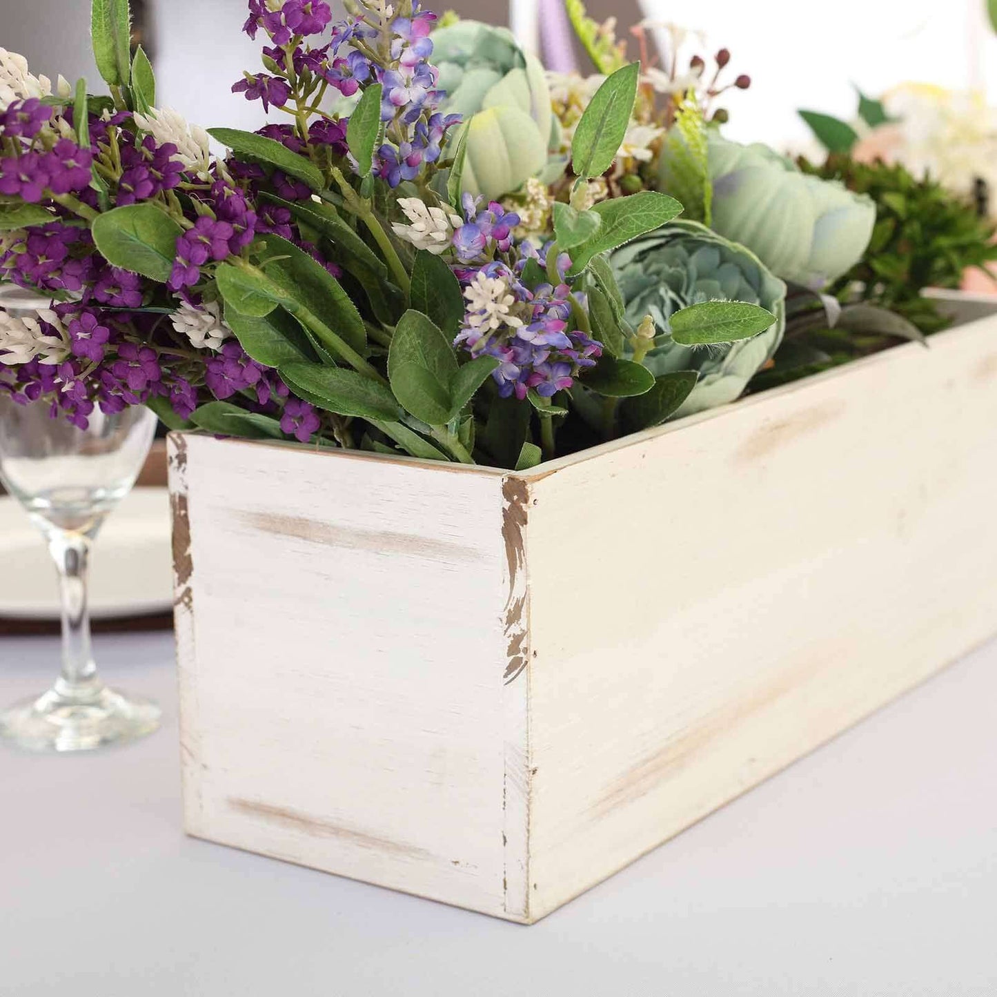 Whitewash Wood Planter Rectangular Box 18"x6" - Durable Decor with Removable Plastic Liner for Table Displays - Linen Luxes