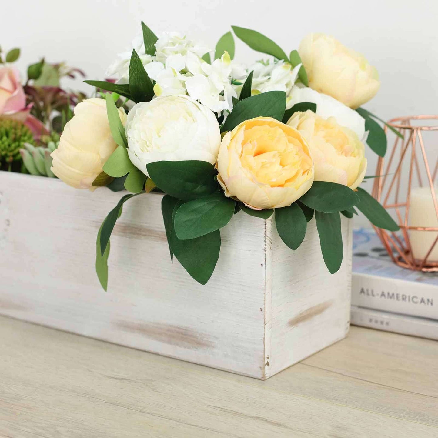 Whitewash Wood Planter Rectangular Box 24"x6" - Natural Decor with Removable Plastic Liner for Tables - Linen Luxes