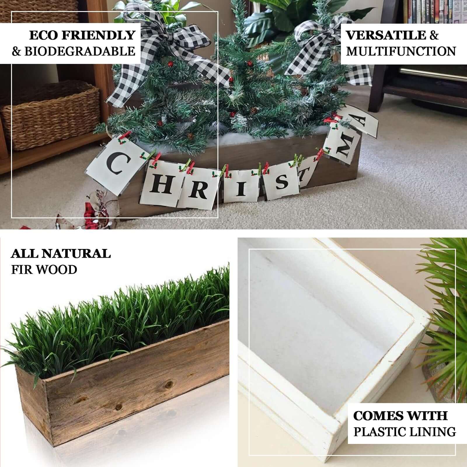 Whitewash Wood Planter Rectangular Box 24"x6" - Natural Decor with Removable Plastic Liner for Tables - Linen Luxes