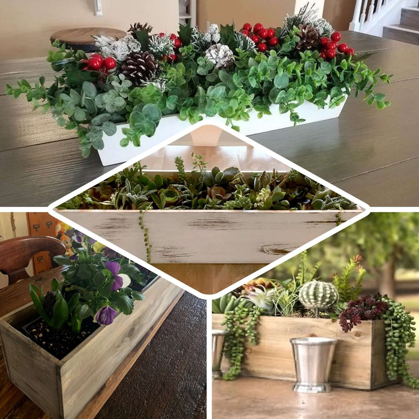 Whitewash Wood Planter Rectangular Box 24"x6" - Natural Decor with Removable Plastic Liner for Tables - Linen Luxes