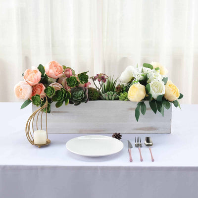 Whitewash Wood Planter Rectangular Box 24"x6" - Natural Decor with Removable Plastic Liner for Tables - Linen Luxes