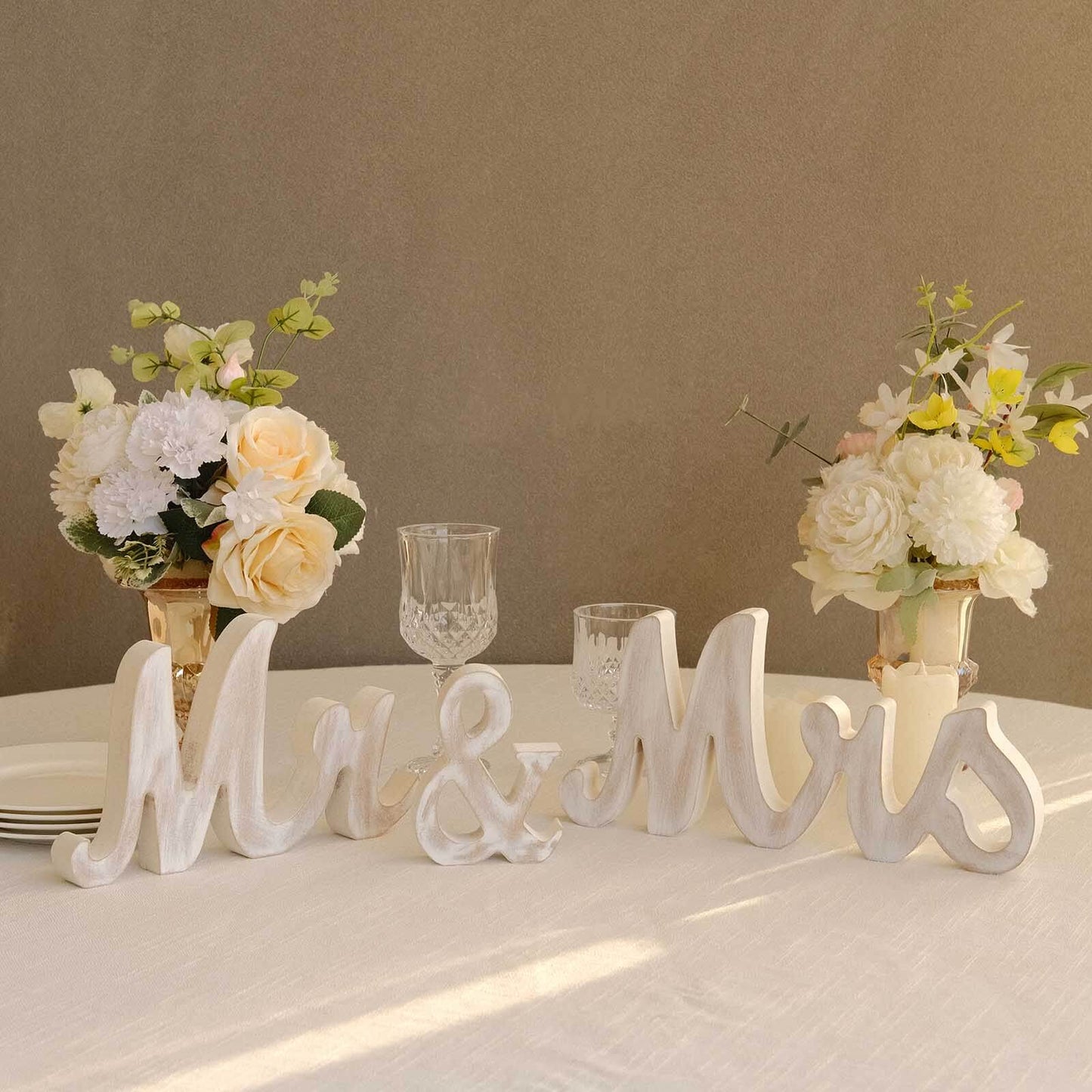 Wooden "Mr & Mrs" Freestanding Letters Whitewashed - Rustic Farmhouse Wedding Table Display Signs