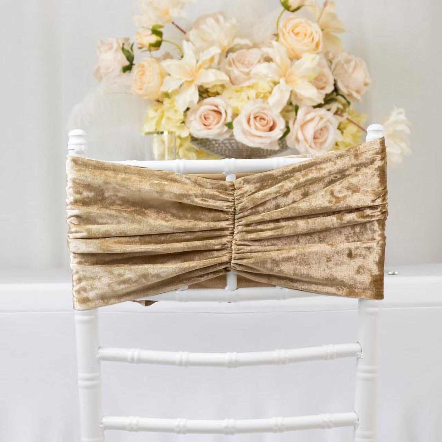 5 Pack Crushed Velvet Chair Bands Champagne Wide Ruffle Style - Textured Chair Sashes for Stunning Event Decor - 8"x15"