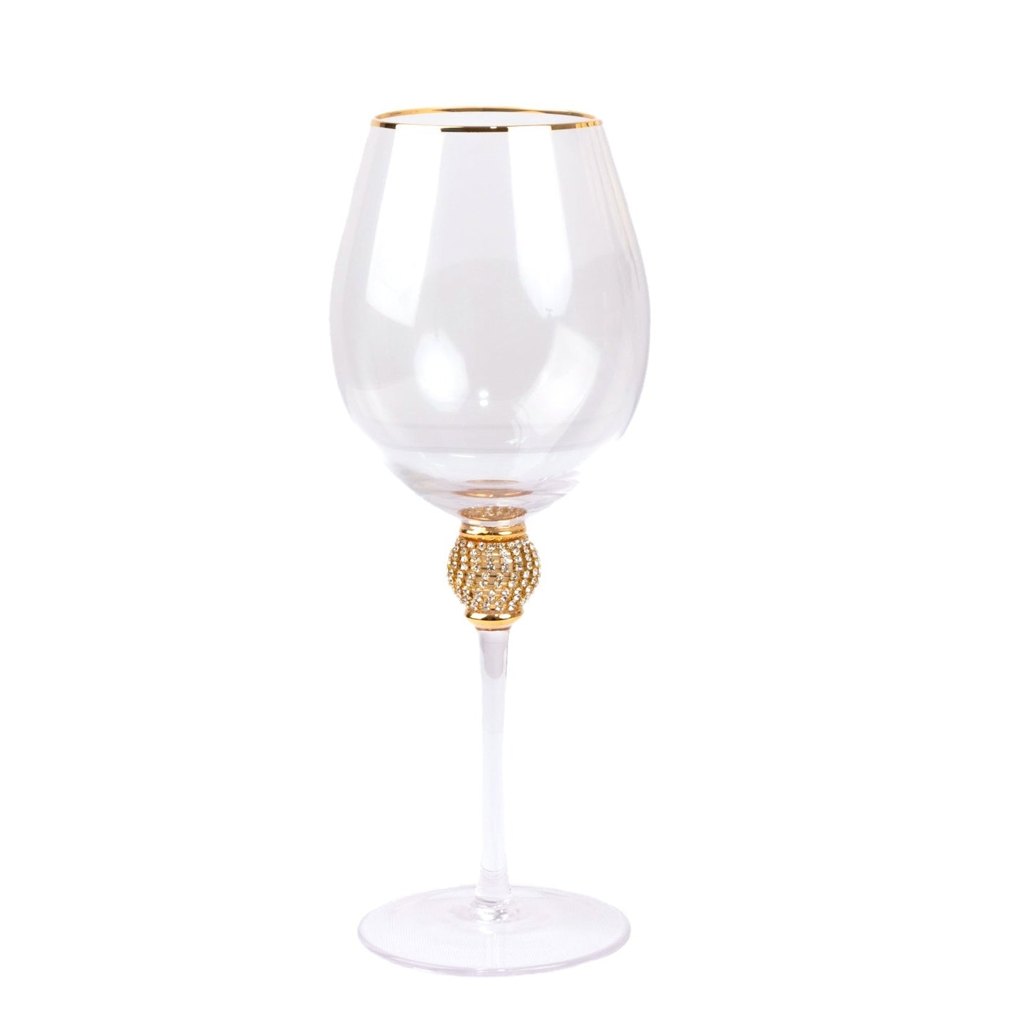 Set of 6 Wine Goblet Glasses Clear Gold Rimmed Design with Rhinestone Studded Stem - Handblown Vintage Crystal Glasses for Cocktails 16oz 10"