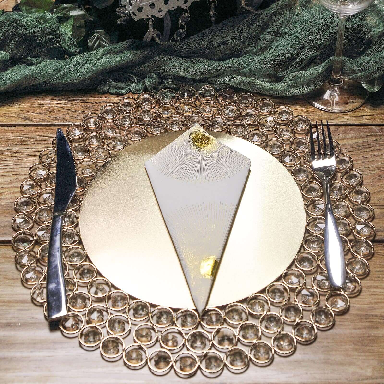Wired Metal Round Charger Plate 14" in Gold with Acrylic Crystal Beads, Glamorous Decorative Dinner Charger Tableware - Linen Luxes