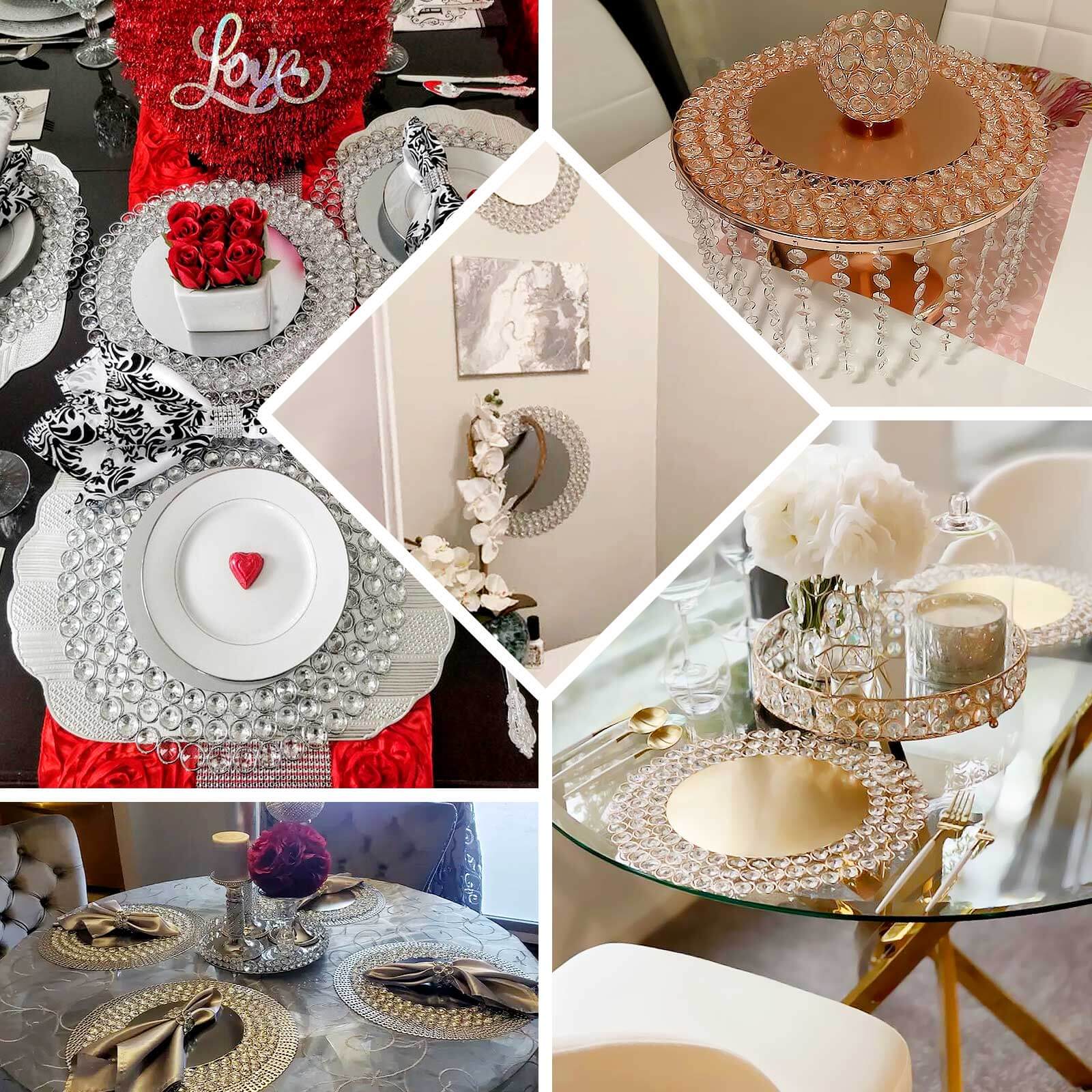 Wired Metal Round Charger Plate 14" in Gold with Acrylic Crystal Beads, Glamorous Decorative Dinner Charger Tableware - Linen Luxes