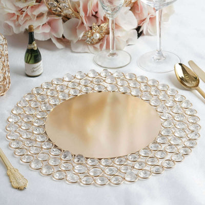 Wired Metal Round Charger Plate 14" in Gold with Acrylic Crystal Beads, Glamorous Decorative Dinner Charger Tableware - Linen Luxes