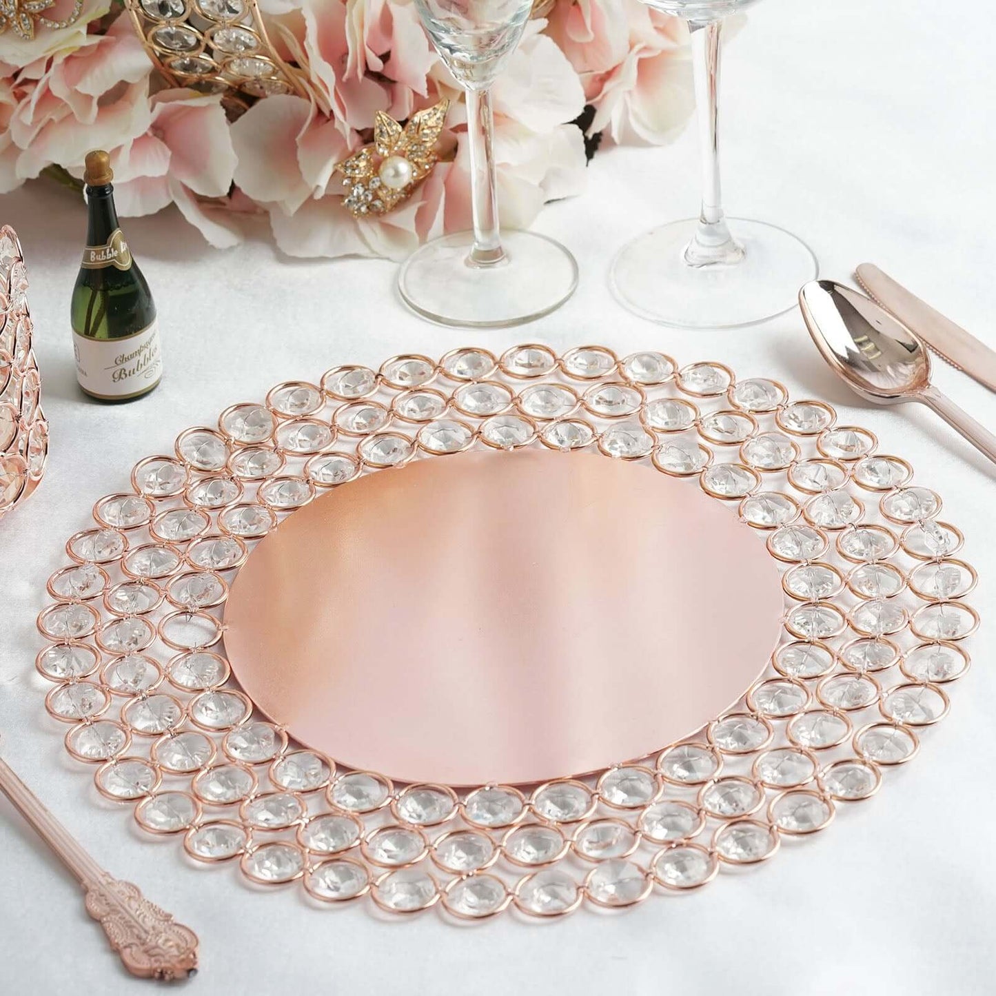 Wired Metal Round Charger Plate 14" in Rose Gold with Acrylic Crystal Beads, Glamorous Decorative Dinner Charger Tableware - Linen Luxes