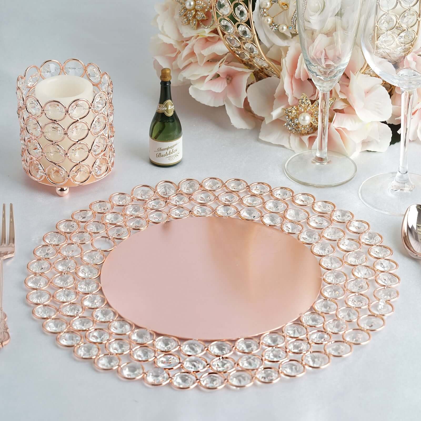 Wired Metal Round Charger Plate 14" in Rose Gold with Acrylic Crystal Beads, Glamorous Decorative Dinner Charger Tableware - Linen Luxes
