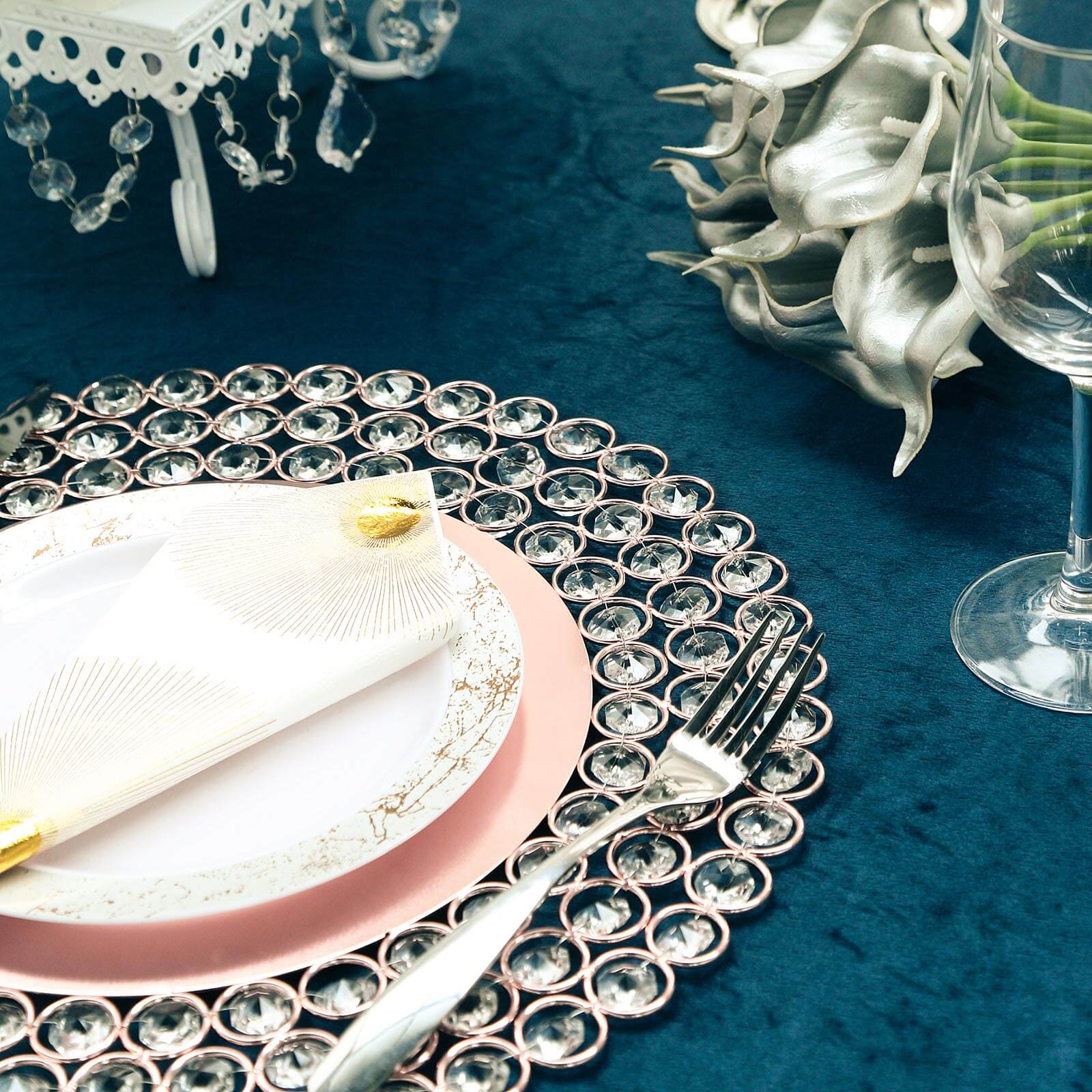 Wired Metal Round Charger Plate 14" in Rose Gold with Acrylic Crystal Beads, Glamorous Decorative Dinner Charger Tableware - Linen Luxes