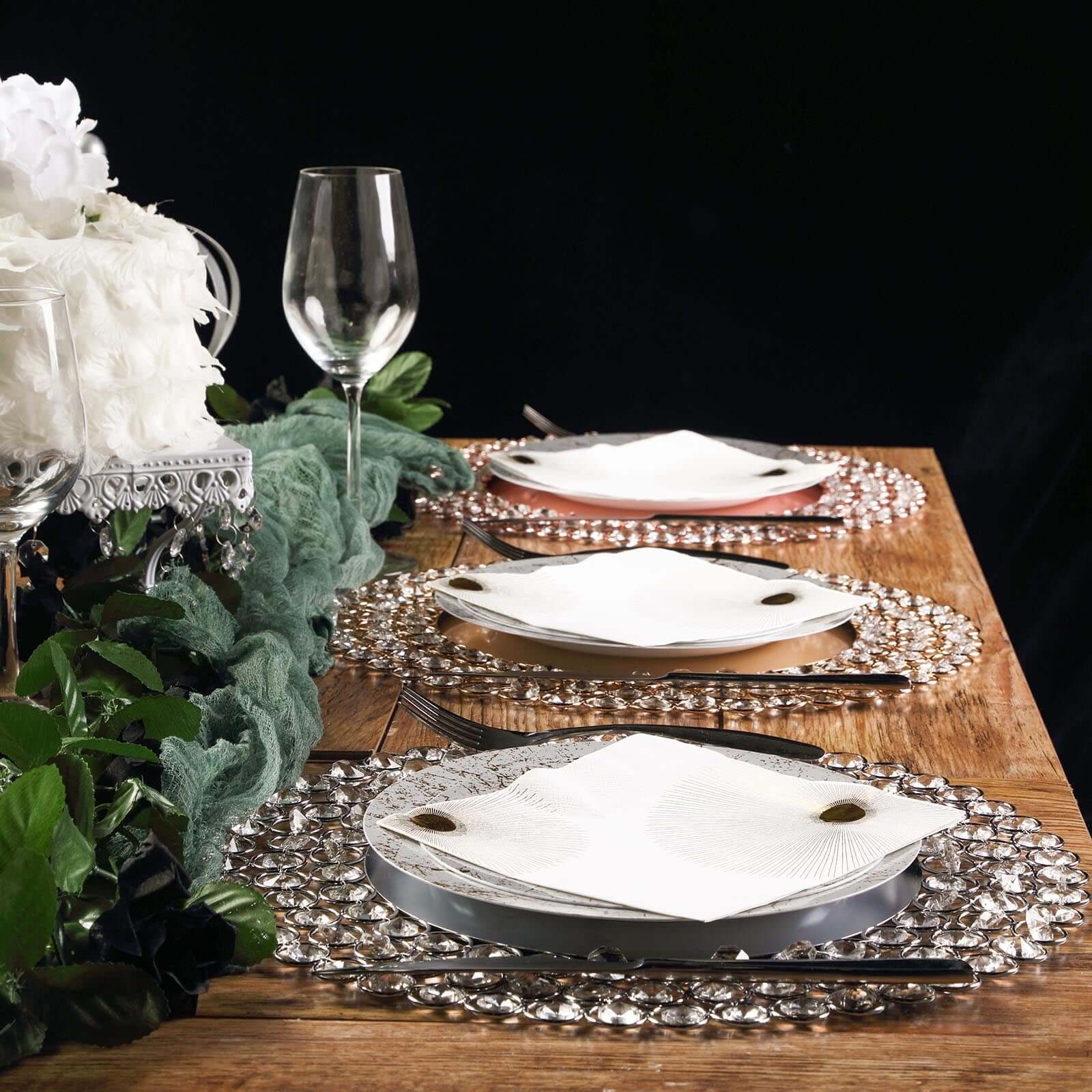 Wired Metal Round Charger Plate 14" in Rose Gold with Acrylic Crystal Beads, Glamorous Decorative Dinner Charger Tableware - Linen Luxes