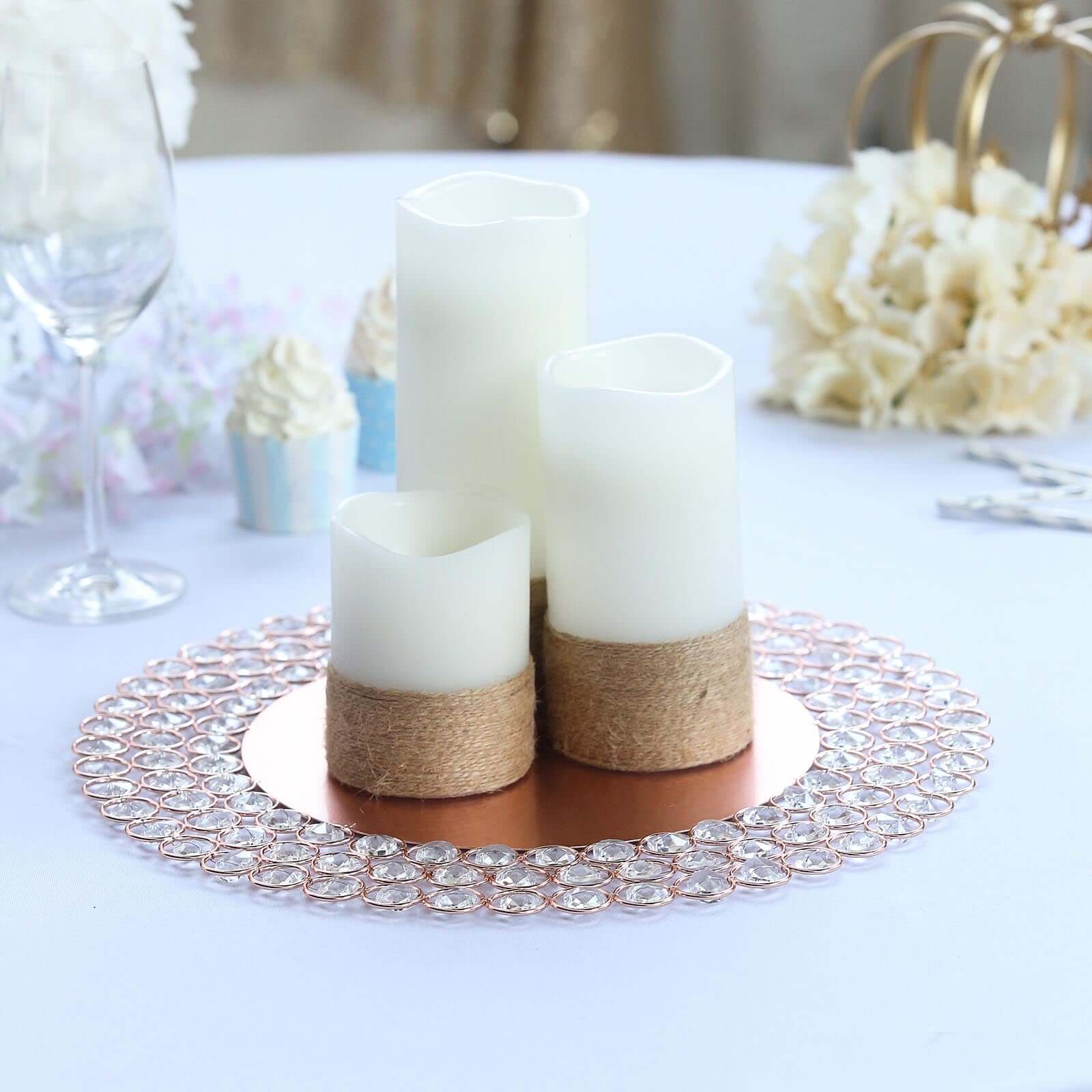 Wired Metal Round Charger Plate 14" in Rose Gold with Acrylic Crystal Beads, Glamorous Decorative Dinner Charger Tableware - Linen Luxes