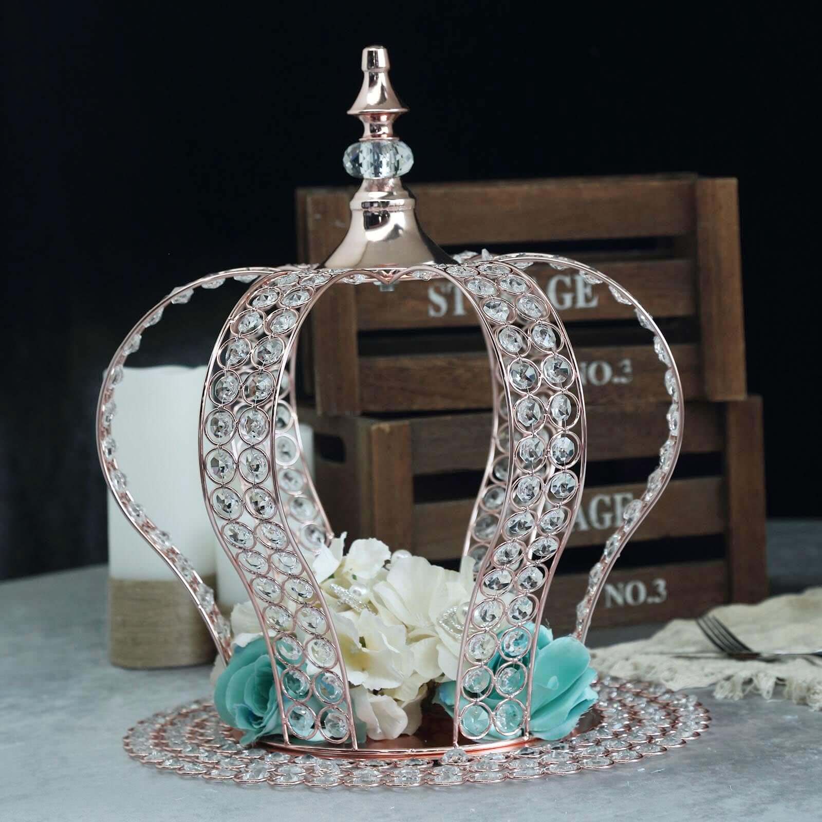 Wired Metal Round Charger Plate 14" in Rose Gold with Acrylic Crystal Beads, Glamorous Decorative Dinner Charger Tableware - Linen Luxes