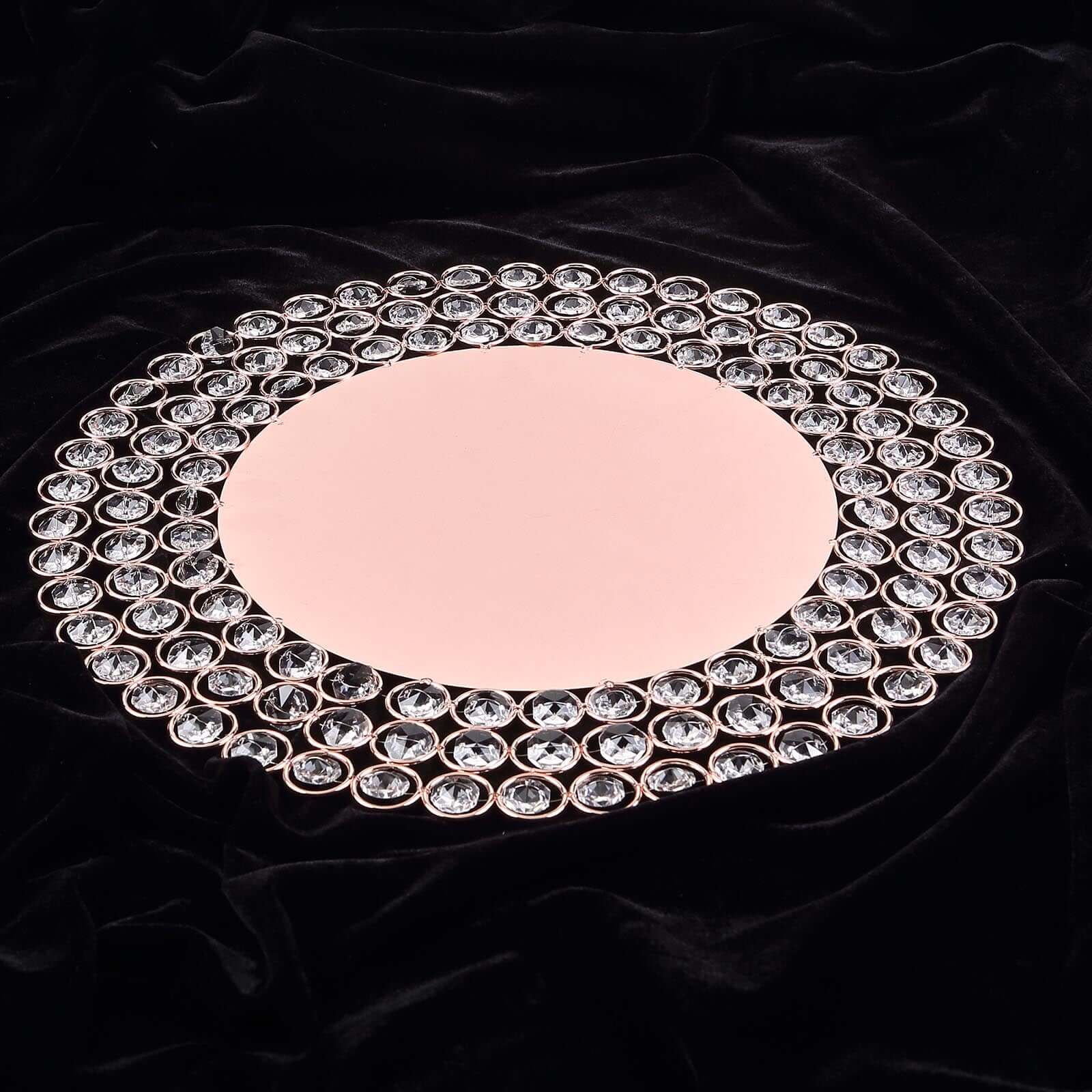 Wired Metal Round Charger Plate 14" in Rose Gold with Acrylic Crystal Beads, Glamorous Decorative Dinner Charger Tableware - Linen Luxes
