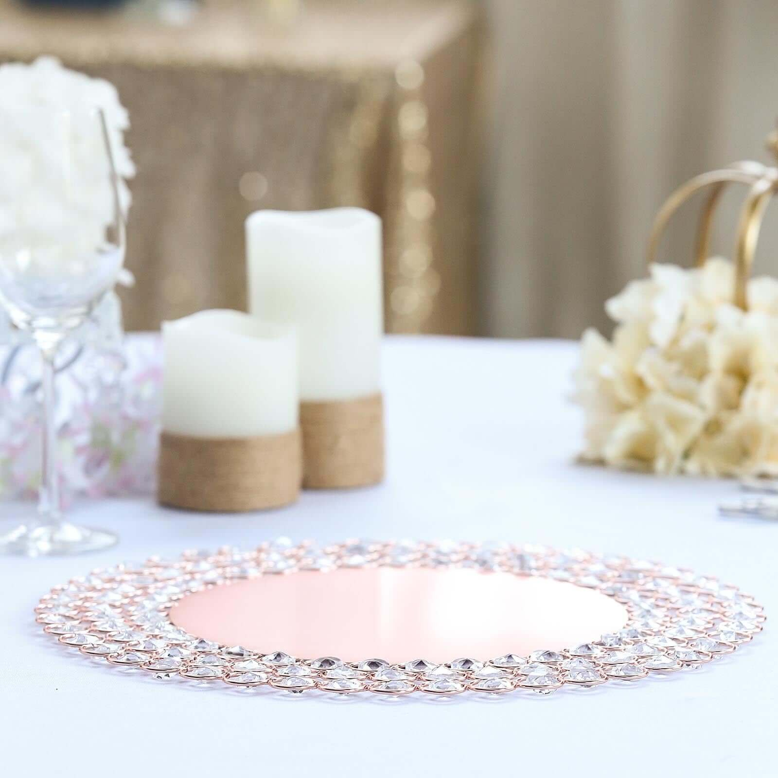 Wired Metal Round Charger Plate 14" in Rose Gold with Acrylic Crystal Beads, Glamorous Decorative Dinner Charger Tableware - Linen Luxes