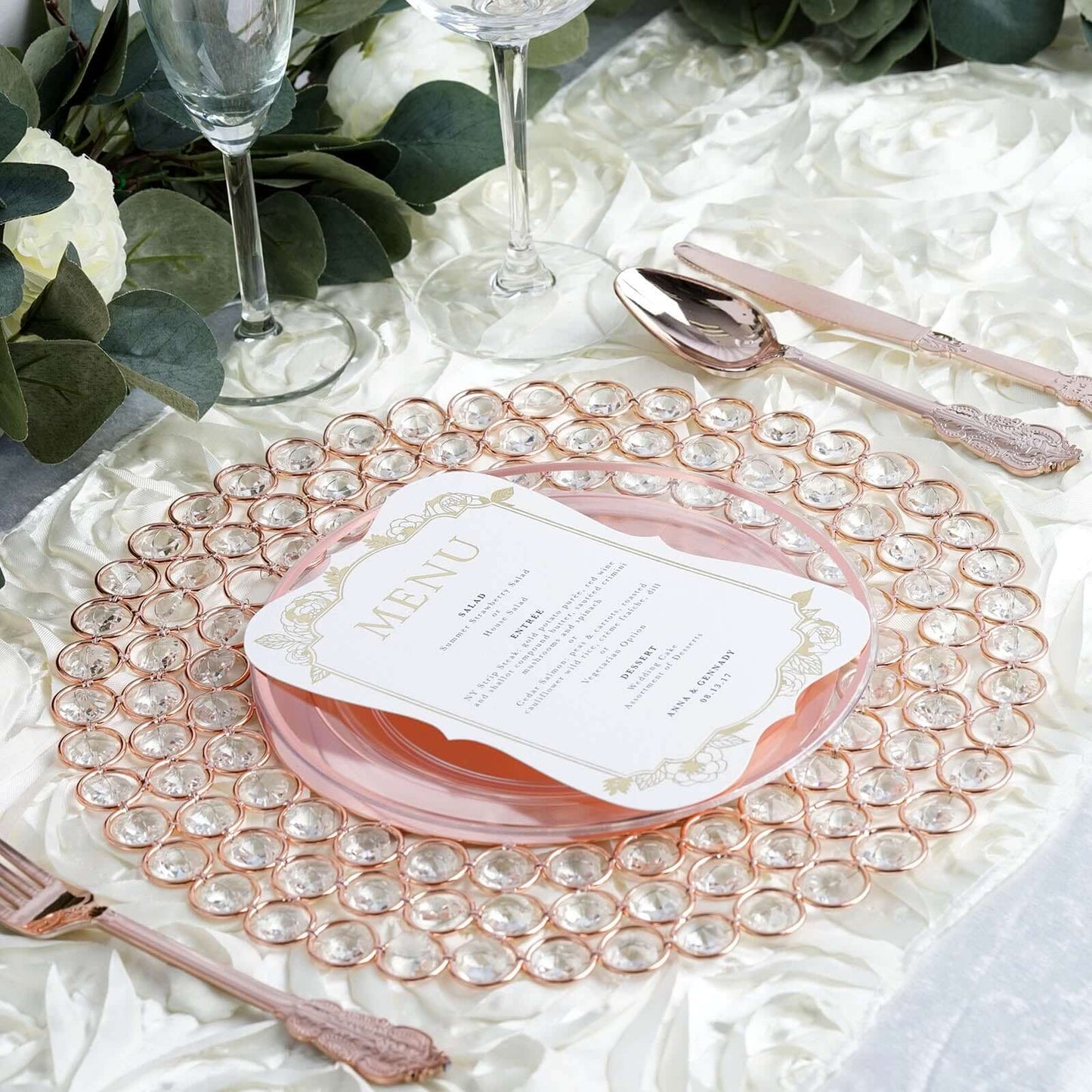 Wired Metal Round Charger Plate 14" in Rose Gold with Acrylic Crystal Beads, Glamorous Decorative Dinner Charger Tableware - Linen Luxes