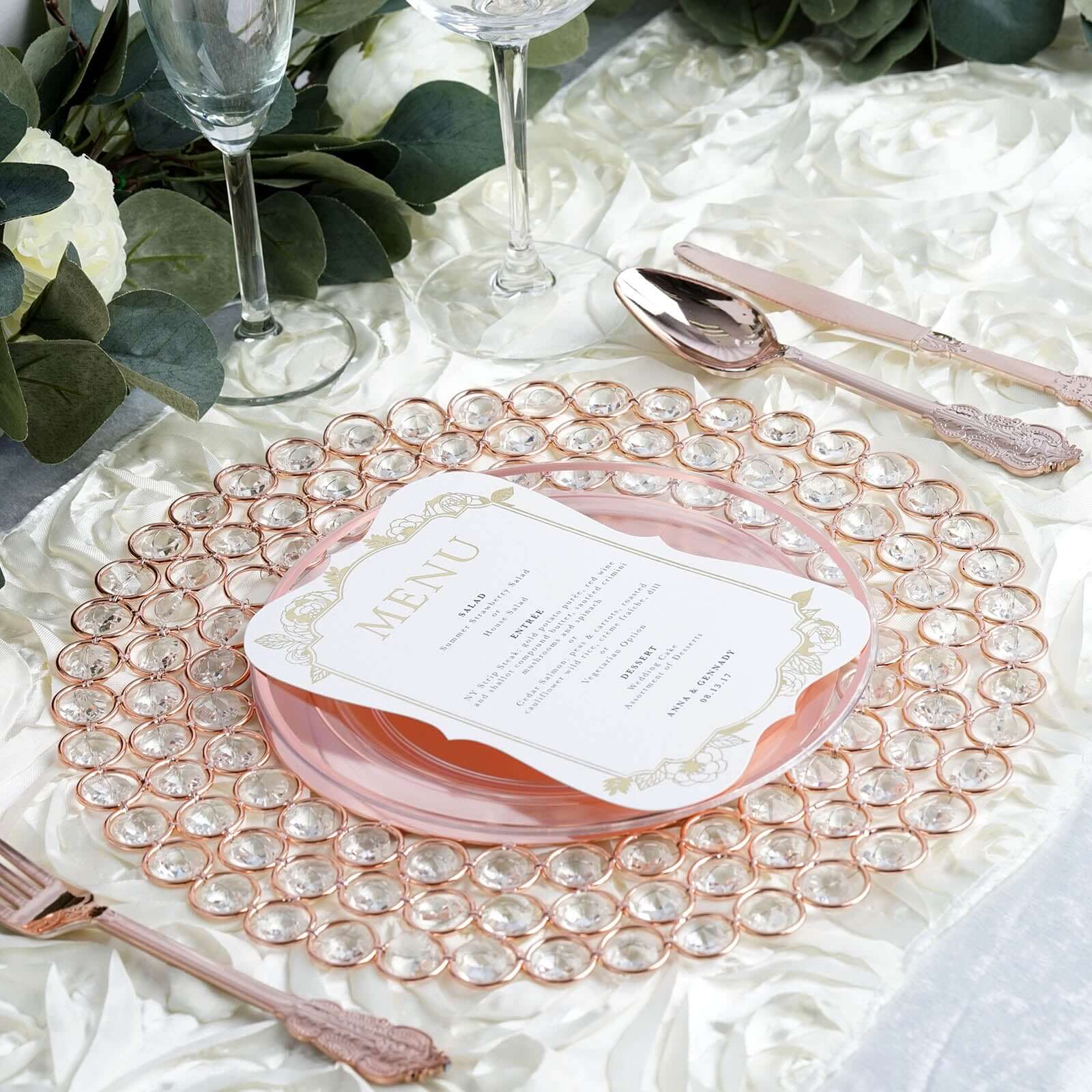 Wired Metal Round Charger Plate 14" in Rose Gold with Acrylic Crystal Beads, Glamorous Decorative Dinner Charger Tableware - Linen Luxes