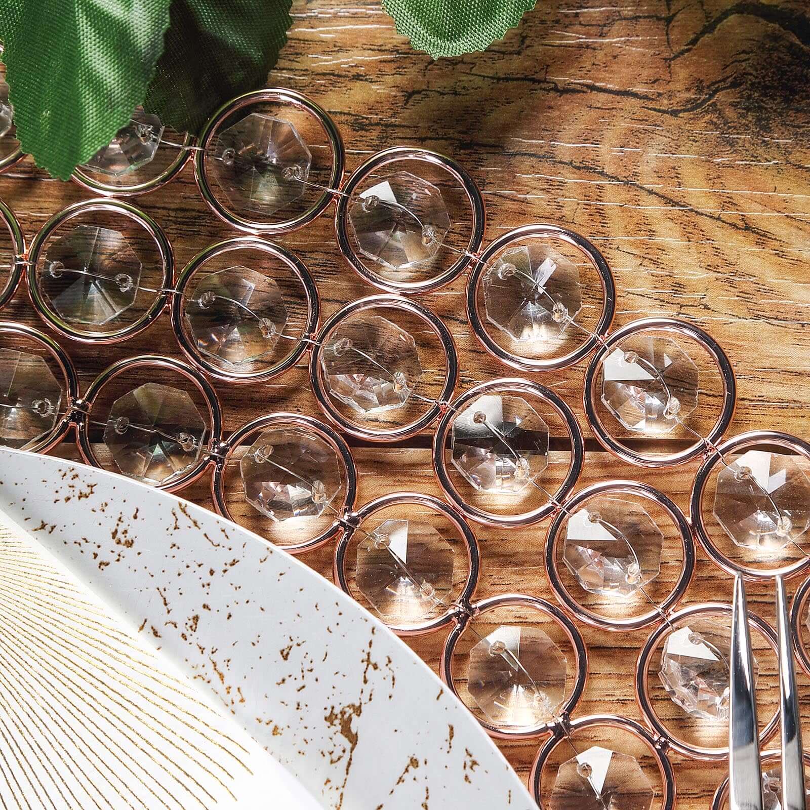 Wired Metal Round Charger Plate 14" in Rose Gold with Acrylic Crystal Beads, Glamorous Decorative Dinner Charger Tableware - Linen Luxes