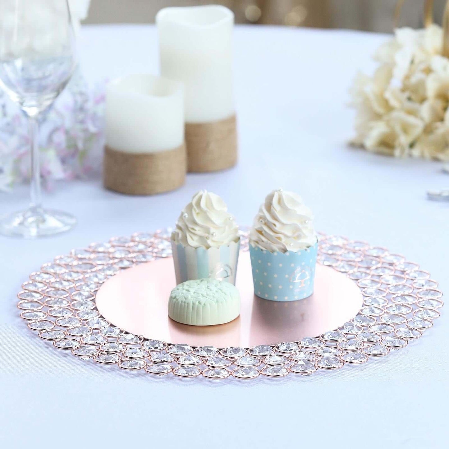 Wired Metal Round Charger Plate 14" in Rose Gold with Acrylic Crystal Beads, Glamorous Decorative Dinner Charger Tableware - Linen Luxes