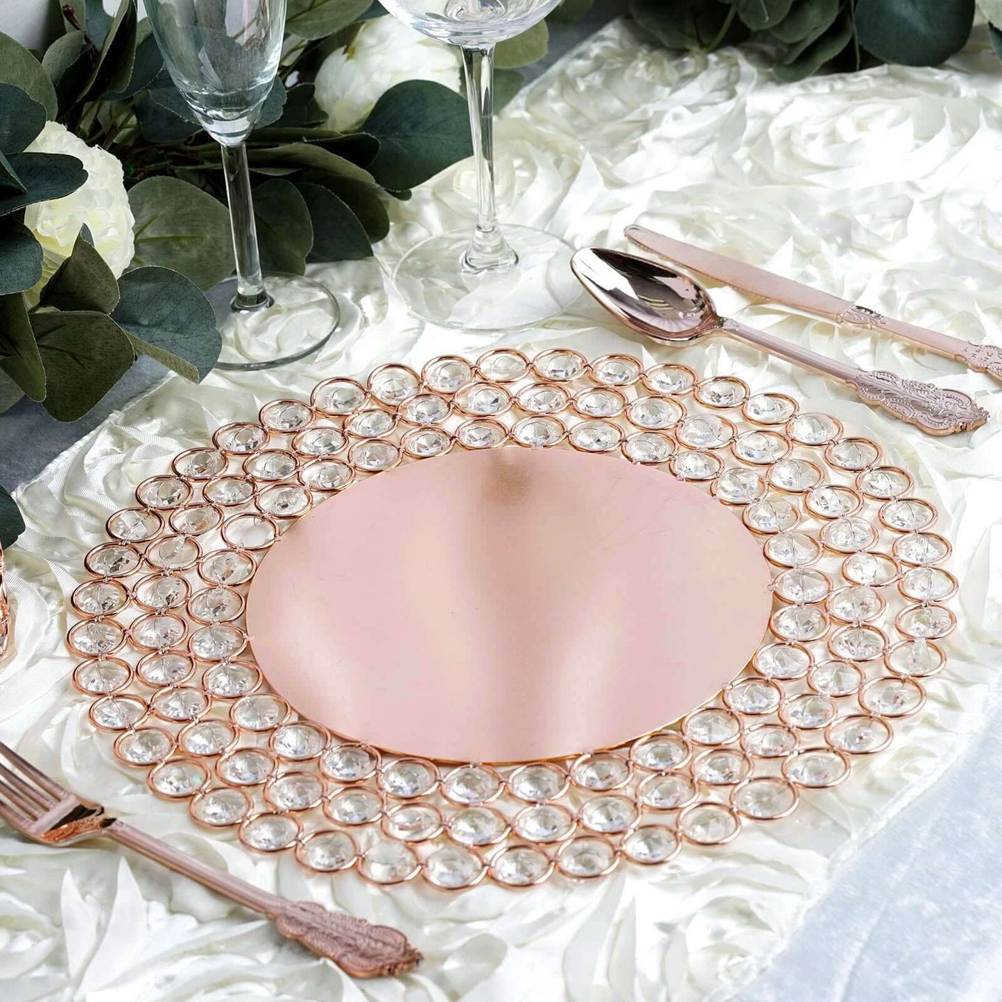 Wired Metal Round Charger Plate 14" in Rose Gold with Acrylic Crystal Beads, Glamorous Decorative Dinner Charger Tableware - Linen Luxes