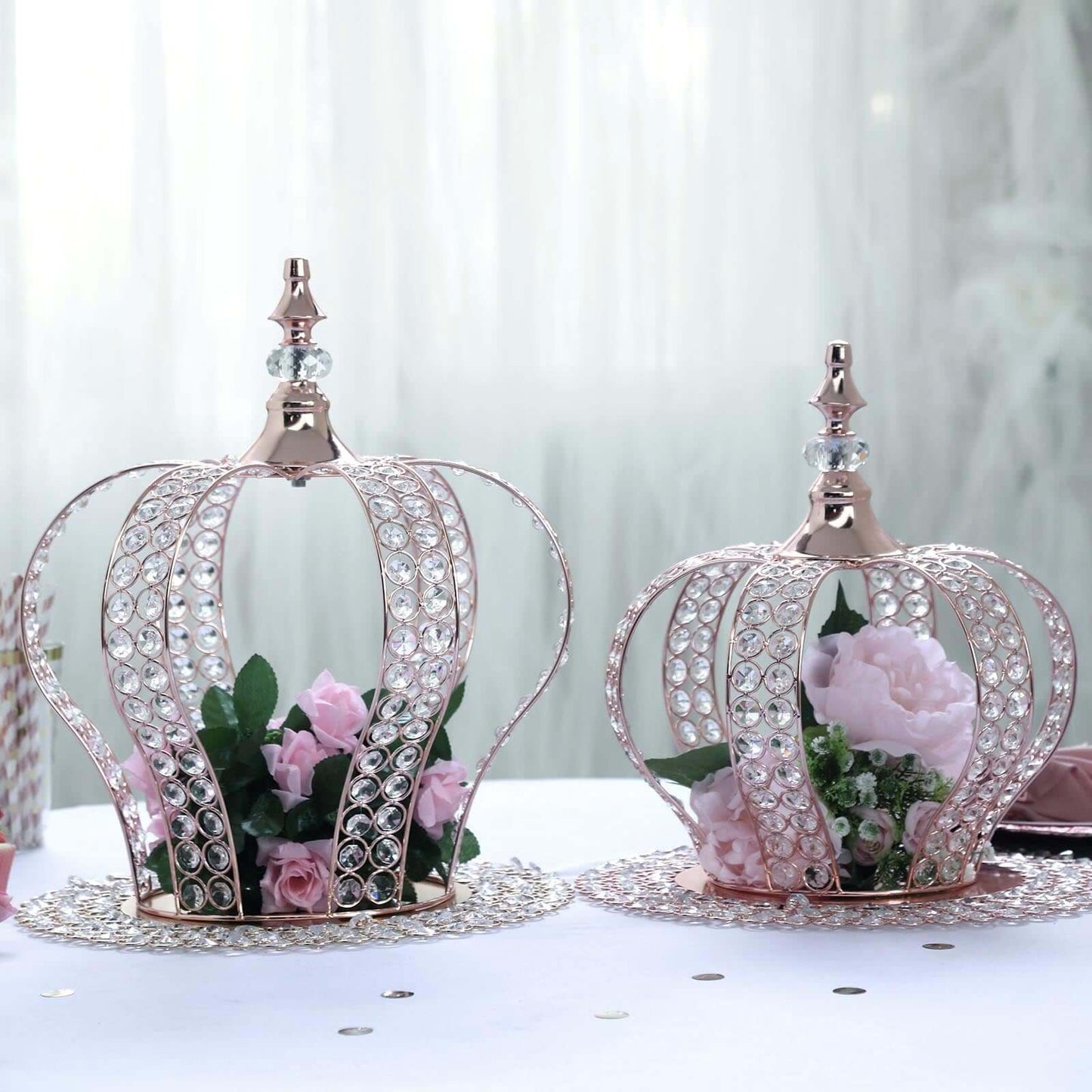 Wired Metal Round Charger Plate 14" in Rose Gold with Acrylic Crystal Beads, Glamorous Decorative Dinner Charger Tableware - Linen Luxes