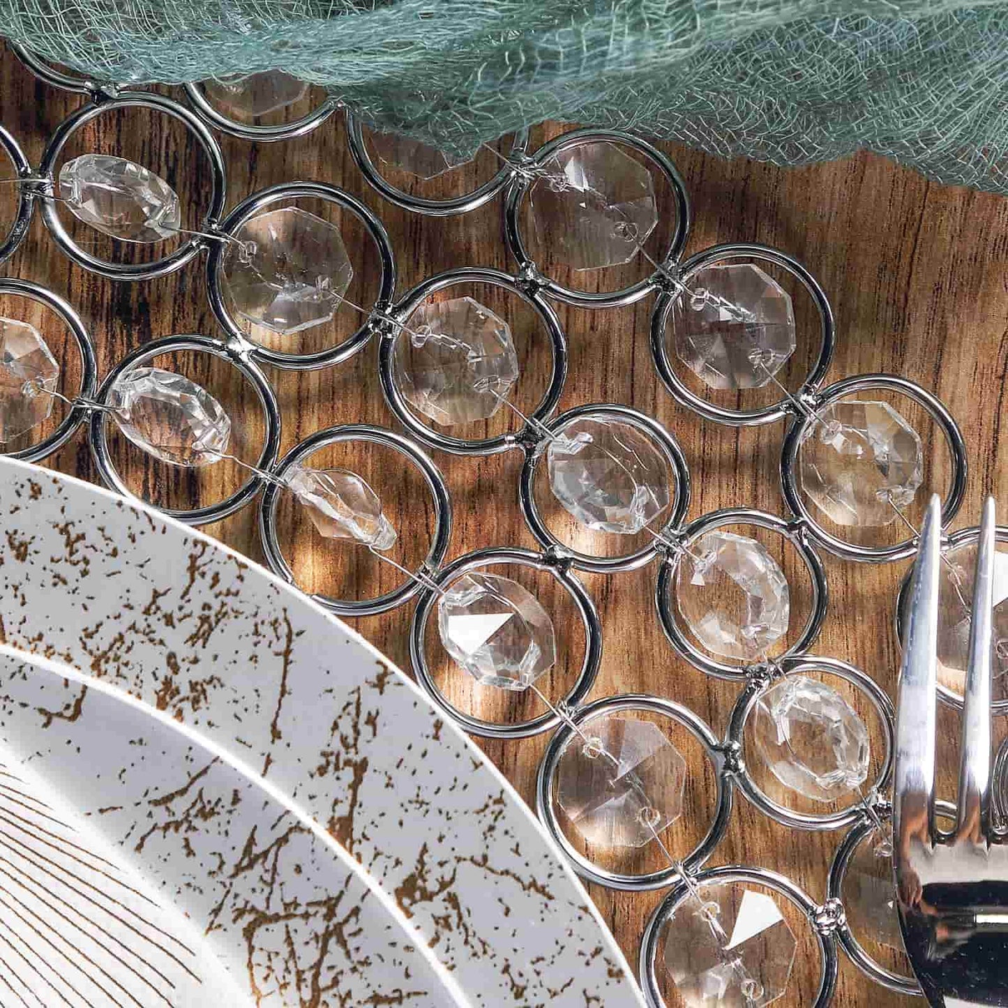 Wired Metal Round Charger Plate 14" in SIlver with Acrylic Crystal Beads, Glamorous Decorative Dinner Charger Tableware - Linen Luxes