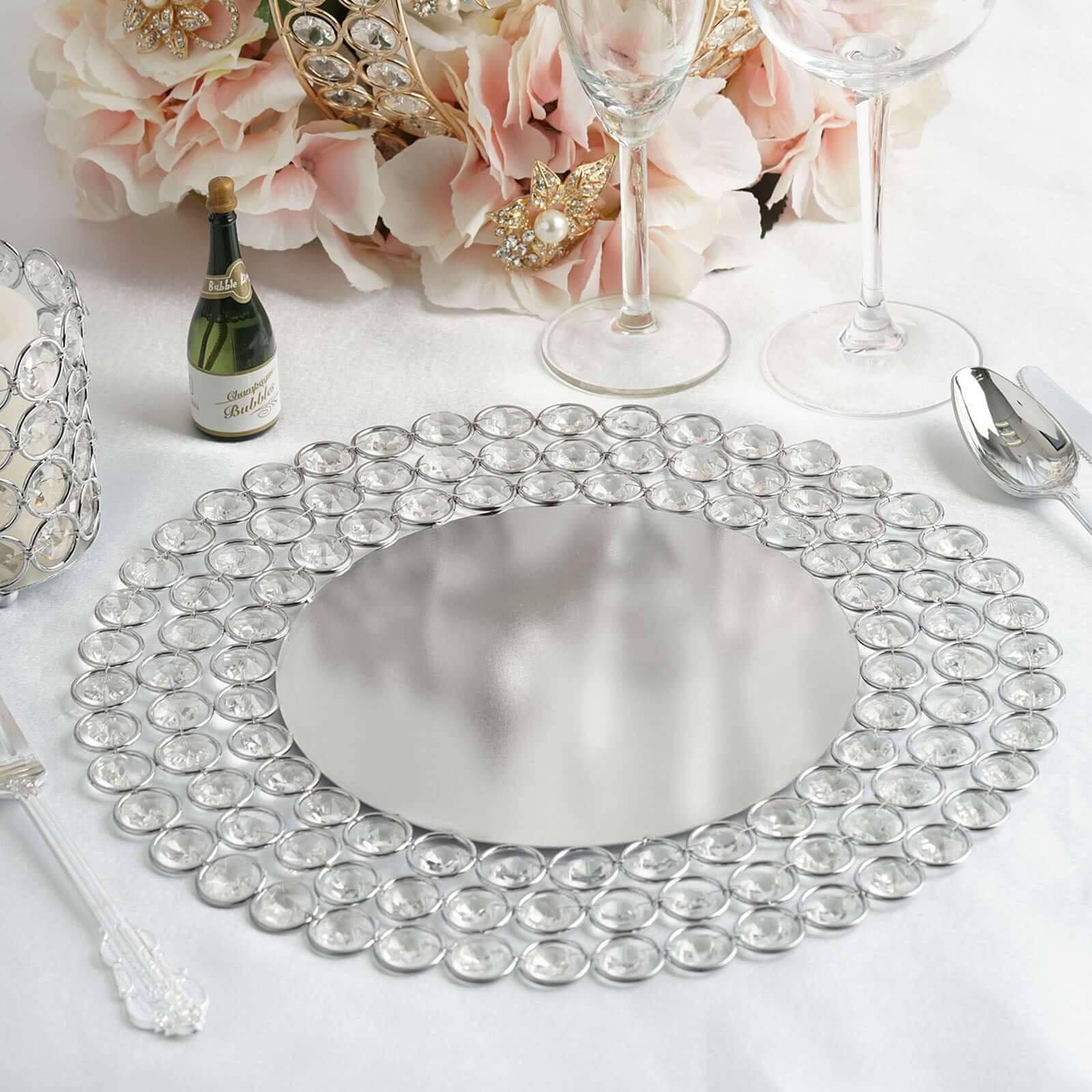 Wired Metal Round Charger Plate 14" in SIlver with Acrylic Crystal Beads, Glamorous Decorative Dinner Charger Tableware - Linen Luxes