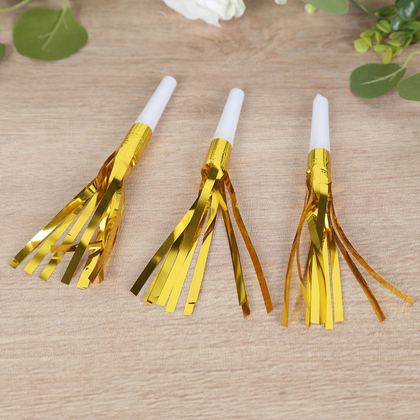 24 Pack Party Horn Noisemakers with Tassels - 7" Gold Metallic Fringed Blowouts for Events and Gatherings - Plastic & Foil Design