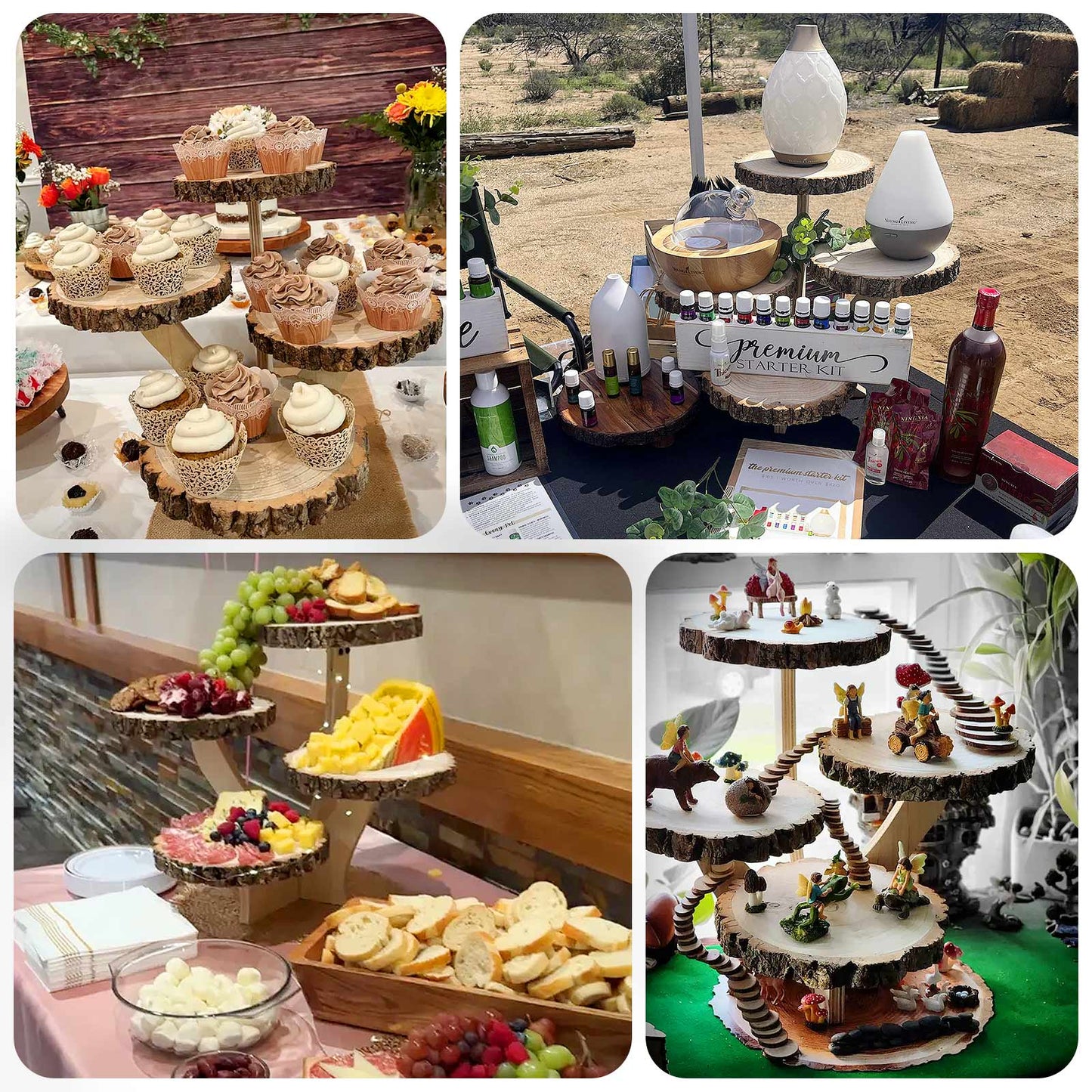 4-Tier Wooden Cupcake Stand Farmhouse Style Natural Wood Slice Design - Rustic Dessert Display Cake Holder 15" Tall