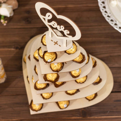 7-Tier Wooden Chocolate Display Stand Heart Shape Natural with "Love" Topper - DIY Dessert Table Tower Rack 16"