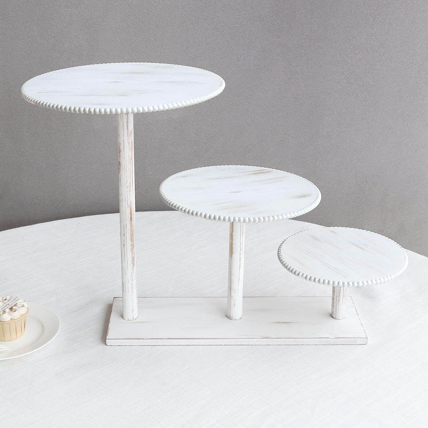 3-Tier Wooden Cake Stand Whitewash with Round Beaded Rim Trays - Rustic Cupcake Tower Dessert Display 24"x16"