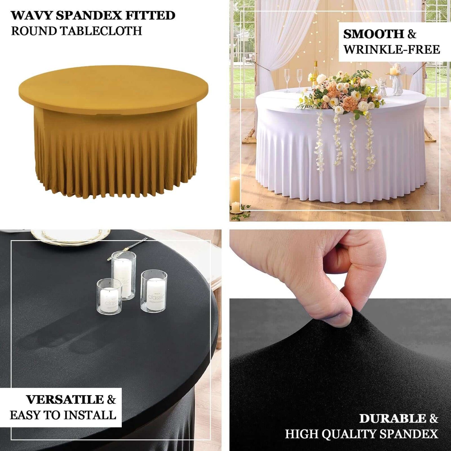 Spandex Round 5ft Table Skirt Gold with Wavy Skirt-Like Effect Stylish Table Cover for Weddings, Banquets & Trade Shows