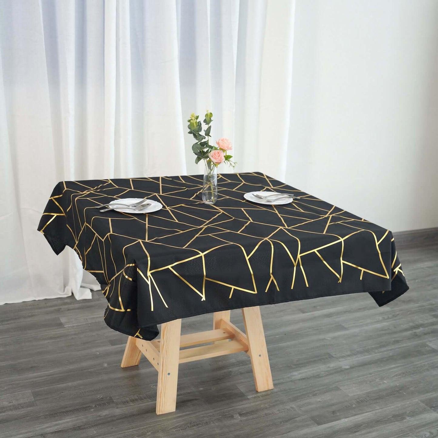 Polyester 54"x54" Square Tablecloth Black with Gold Foil Geometric Pattern - Wrinkle-Resistant & Durable Table Cover