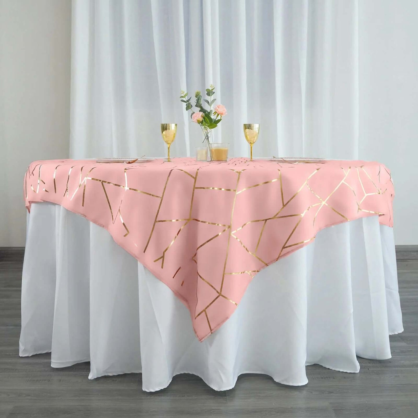 Polyester 54"x54" Table Overlay Square Tablecloth Dusty Rose with Gold Foil Geometric Pattern - Wrinkle-Resistant & Durable Table Topper