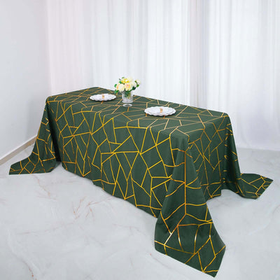 Polyester 90"x132" Rectangle Tablecloth Hunter Emerald Green with Gold Foil Geometric Pattern - Wrinkle-Resistant Seamless Table Cover
