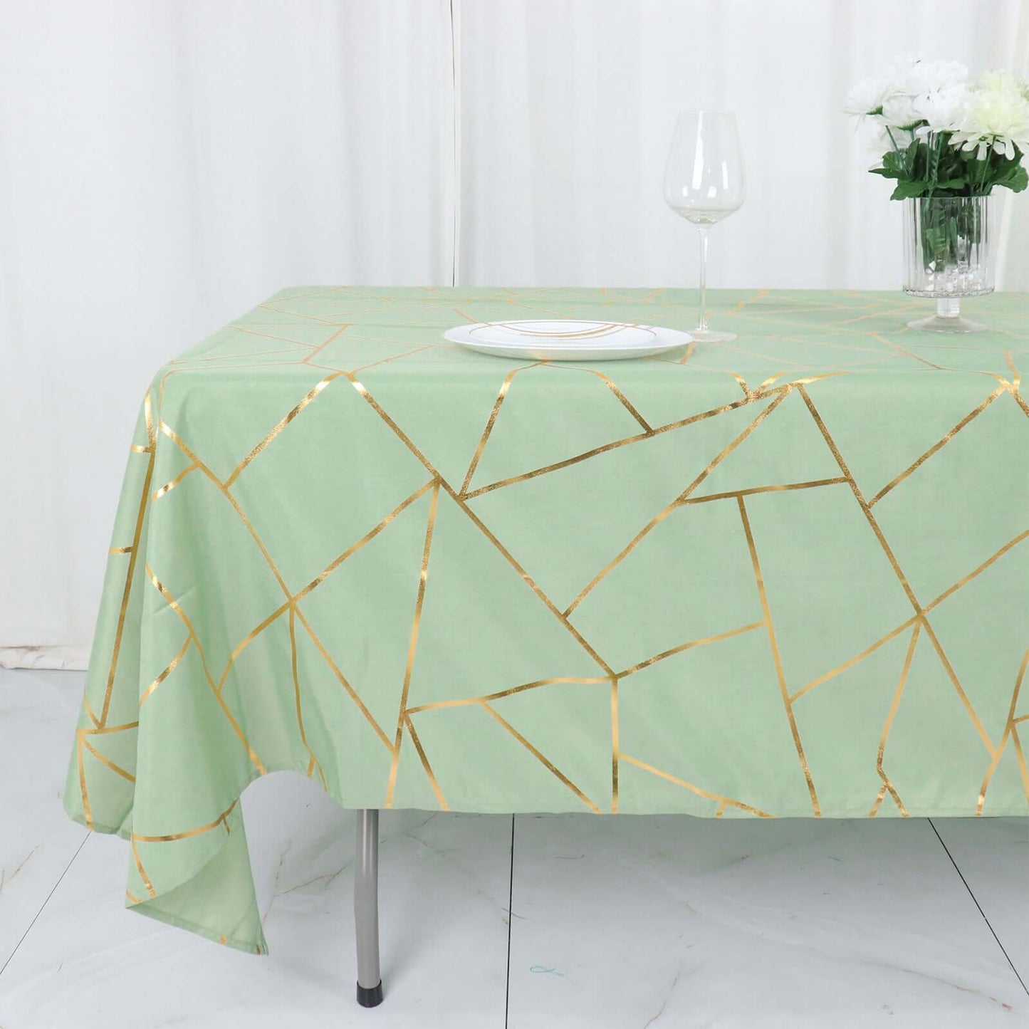 Polyester 60"x102" Rectangle Tablecloth Sage Green with Gold Foil Geometric Pattern - Wrinkle-Resistant & Durable Table Cover